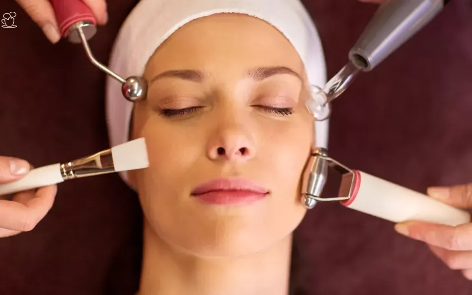 Rosto recebendo procedimento estético facial com quatro aparelhos
