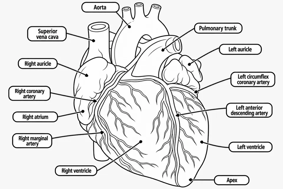 Printable line illustration of the heart with the aorta, superior vena cava, pulmonary trunk, auricles, atrium, ventricles, coronary arteries and apex labeled
